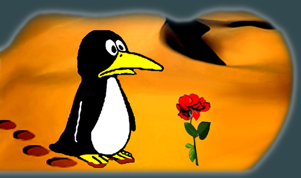 Ein bunter Experimentier-Garten, quasi die Kinderstube von puzzlepie: crossing the garden. Comiczeichnung eines Pinguin vor einer Rose in einer Sandwüste.